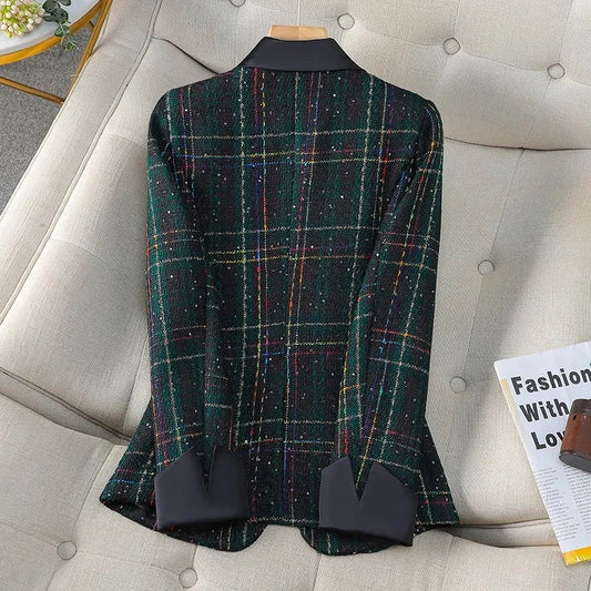 Spring Autumn Women's Blazer Jacket 2025 Casual Korean Version Ladies Suit Coat Long Sleeve Plaid Tweed Fashion Lady Outerwear