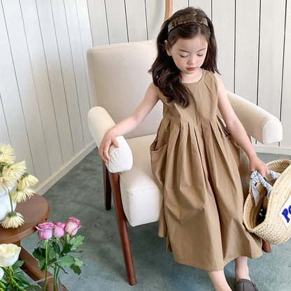 2026 New Summer Children Girls Sleeveless Dress Teen Solid Color Cotton Loose Casual Sundress Kids Vacation Style Princess Dress