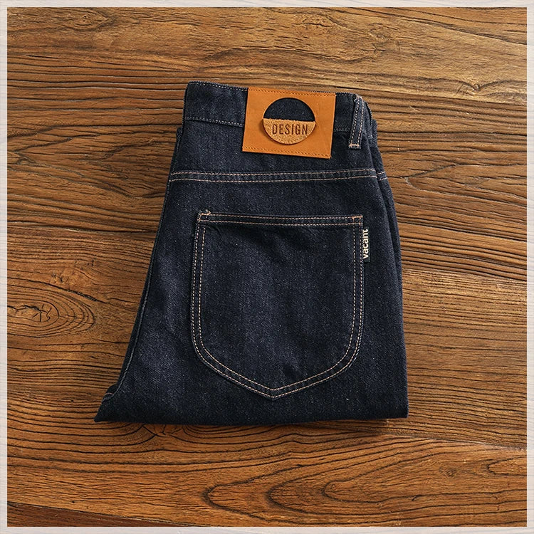 Anti-fading solid color general wash primary color denim jeans men's dark American casual loose straight cone pants