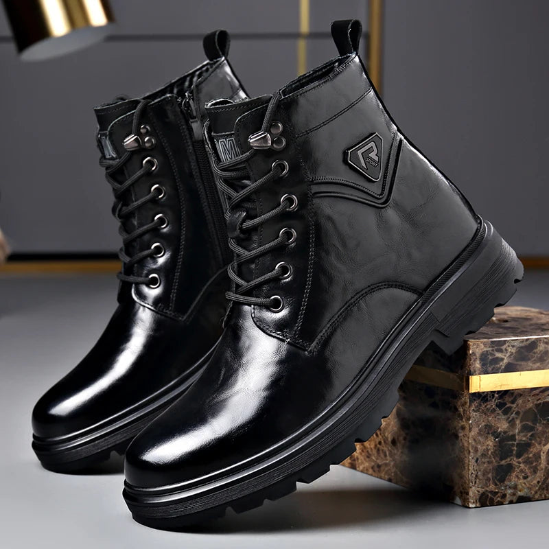 British Style Mens Winter Platform Snow Boots Fashion Genuine Leather Outdoor Antiskid Walking Ankle Boots Mens High Top Boots