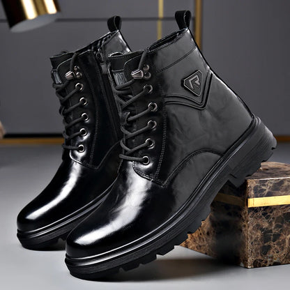 British Style Mens Winter Platform Snow Boots Fashion Genuine Leather Outdoor Antiskid Walking Ankle Boots Mens High Top Boots