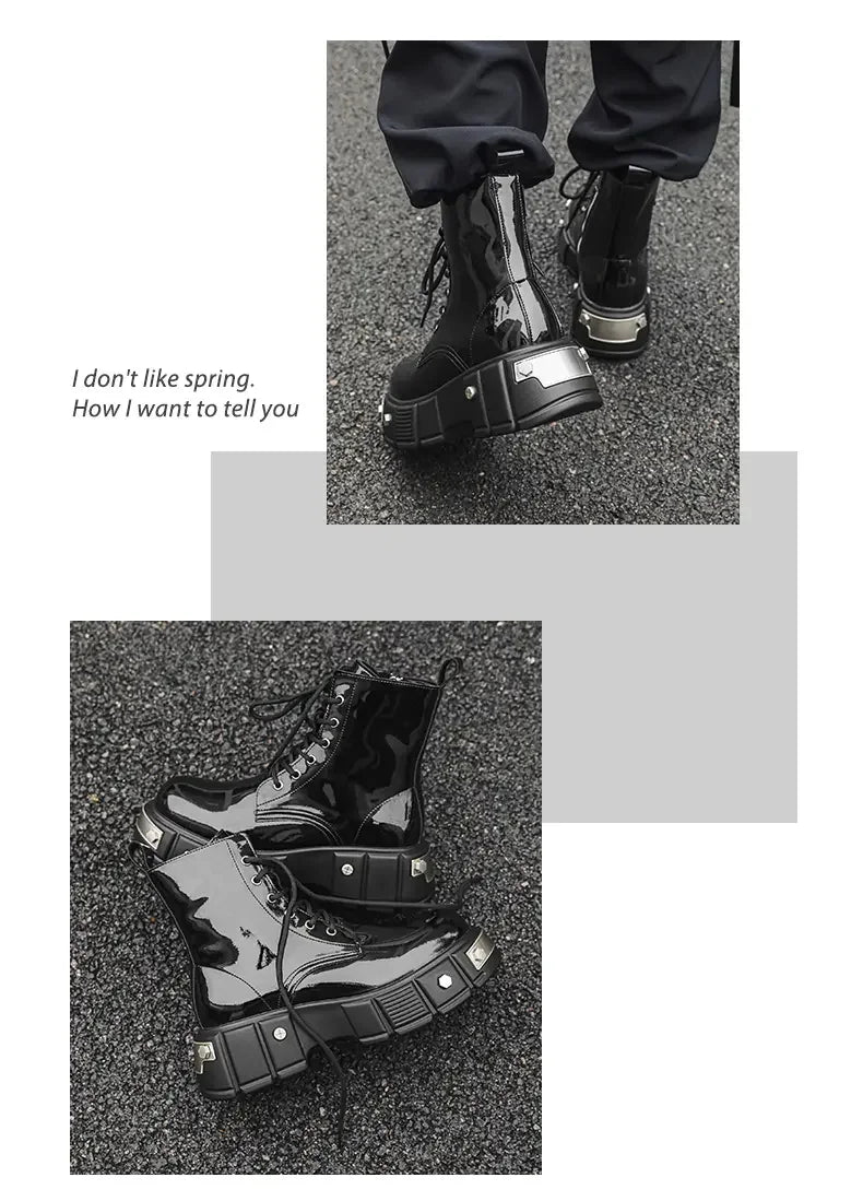 New Men Goth Platform Boots Fashion Rivet Lace Up Punk Wedges Chunky Heels Men Boots Party Street Patent Leather Men Shoes