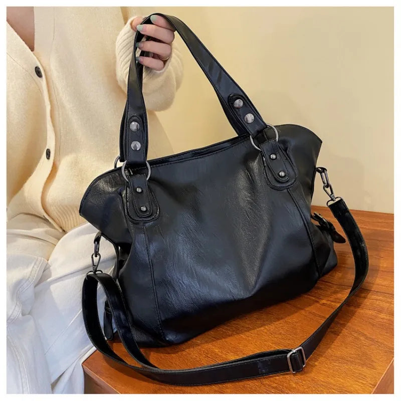 Capacity Black Shoulder Bags For Women Large Shopper Bag Solid Color Soft Leather Crossbody Handbag Travel Tote Bag