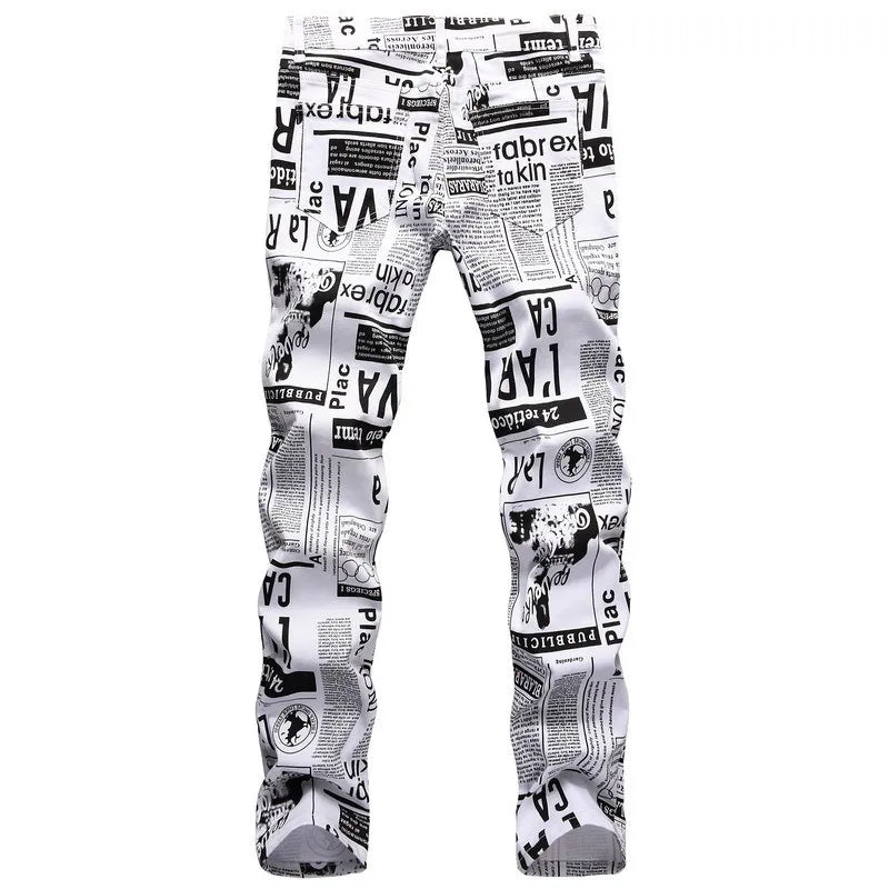 2026 Street Style Men’s Slim Stretch Jeans Trend Newspaper Full Print Personalized Stylish Sexy Denim Pants Men Casual Trousers