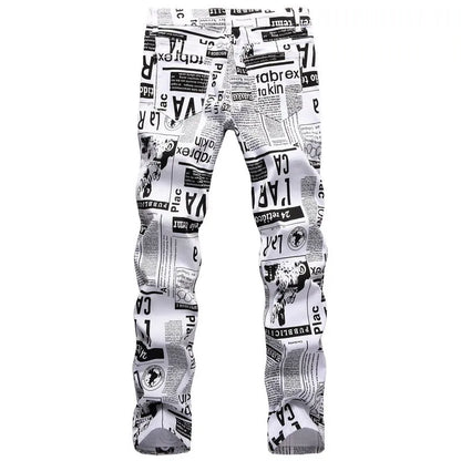 2026 Street Style Men’s Slim Stretch Jeans Trend Newspaper Full Print Personalized Stylish Sexy Denim Pants Men Casual Trousers