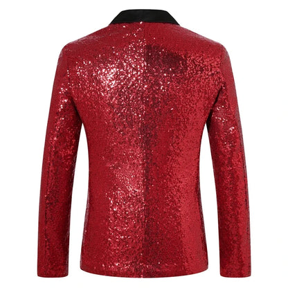 New Men Luxury Sequin Suit One Button Jacket Red / Black Fashion Singer Host Wedding Prom Party Stage Performance Dress Blazer