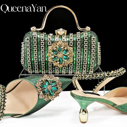 2024 Party Perfection: Rhinestone-Embellished Heels and Gold Mini Bag for Elegant Nights