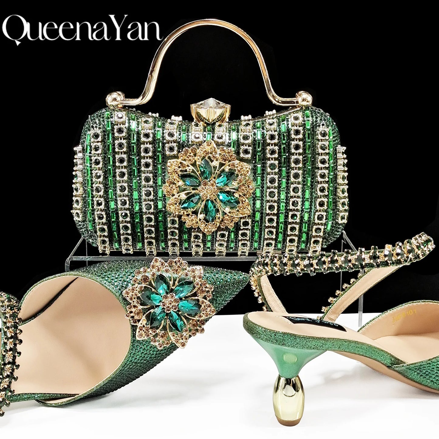 2024 Party Perfection: Rhinestone-Embellished Heels and Gold Mini Bag for Elegant Nights