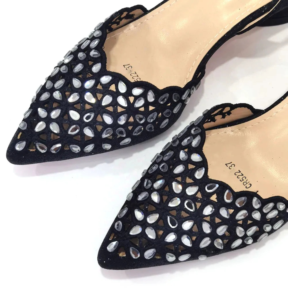 Low Heel Shoes for Women Hollowed Out Embroidery Rhinestone Italian Design Gold Color Pointed-Toe Shoes and Bags Set