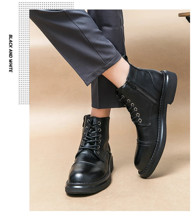 Men Black Leather Boots Casual Lace Up Leather Shoes Size 39-46