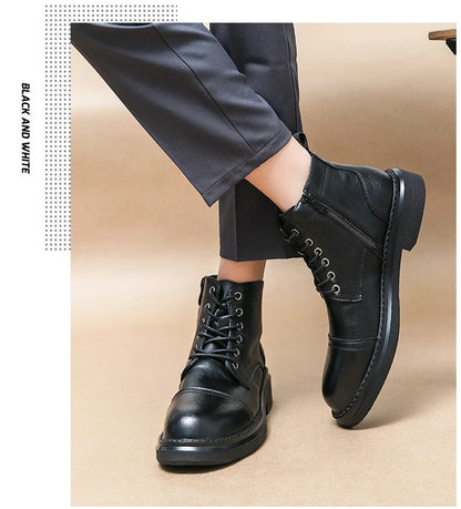 Men Black Leather Boots Casual Lace Up Leather Shoes Size 39-46
