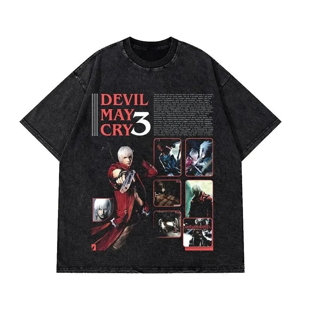 Devil May Cry 3 Dante Awakening Vintage Washed Tee, Double Sided Design, Front Dante Character Game Title Women And Men T-Shirt