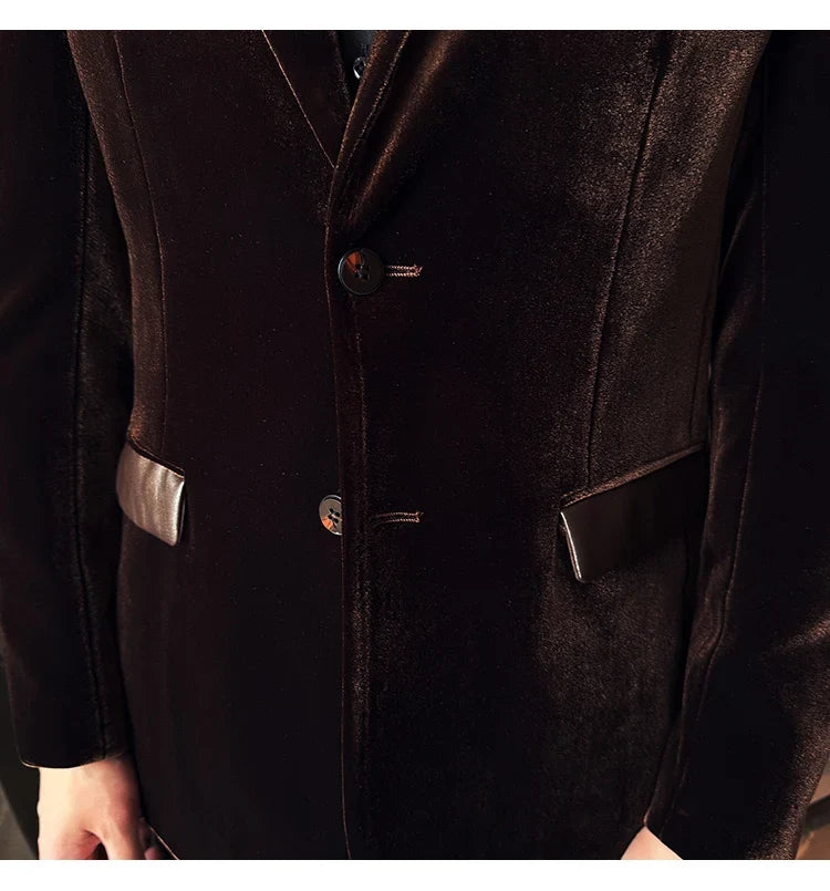 Autumn Winter New Men Mercerized Velvet Slim Fit Suit Coats Fashion Leather Splicing Casual Business Formal Party Tailcoat 4XL-M
