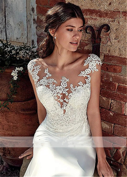 Wedding Dress Boho Sexy Illusion Sleeveless Scoop Neck Appliqued Lace Mermaid Wedding Gowns Bridal Dress Custom Made