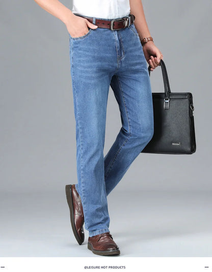 2024 Brand Thin or Thick Material Straight Cotton Stretch Denim Men's  Business Casual High Waist Light Grey Blue Jeans