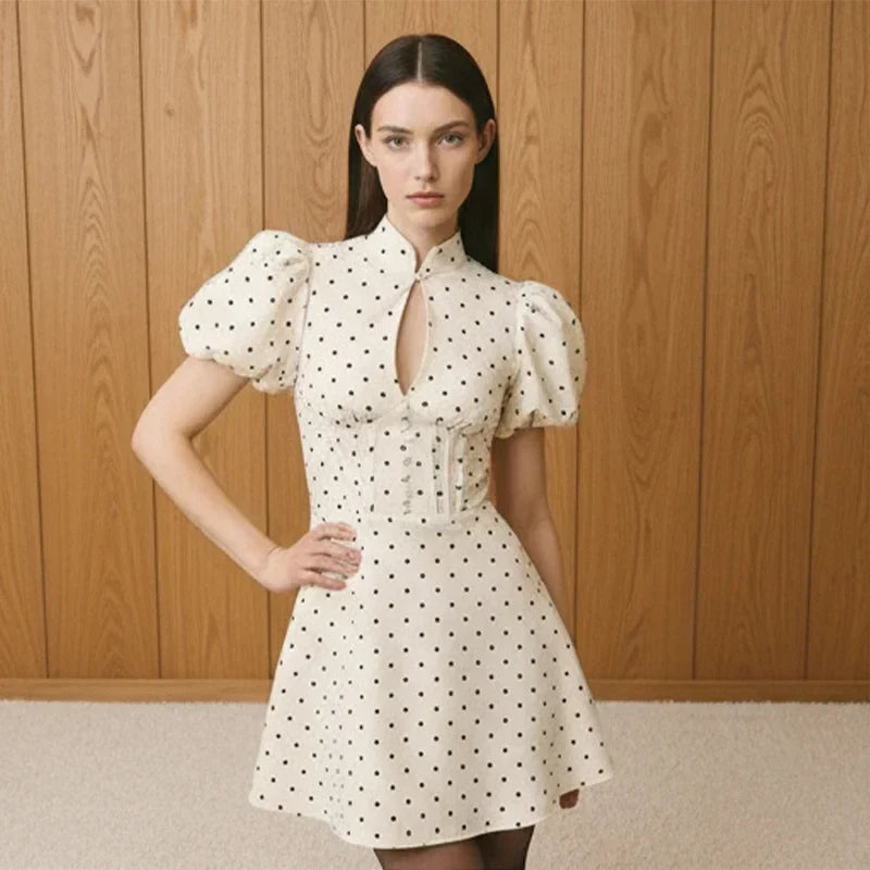 Retro Polka Dot Mini A-line Dress Elegant Stand Collar Puff Short Sleeve Waist-cinching Dresses 2026 New Lady Party Gowns