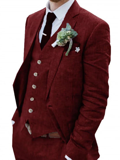 High-End Retro Linen Men Suit Beach Wedding Suit Summer Slim Fit 3 Pieces Light Weight Linen Suit Jacket Vest Pant