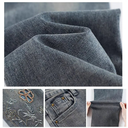 Y2K Denim Jeans Korean Style Women's Pants Straight Leg Elastic Eight Points Brick Pattern Slimming High Waist Hollow Embroidery