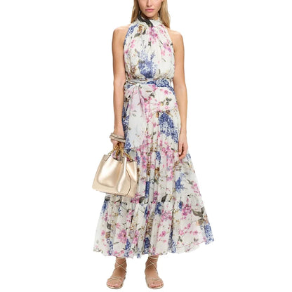 Summer Women Printed Midi Dress Sleeveless Satin Back Button Female Chic Elegant Dress Casual Vacation Party Evening Dress