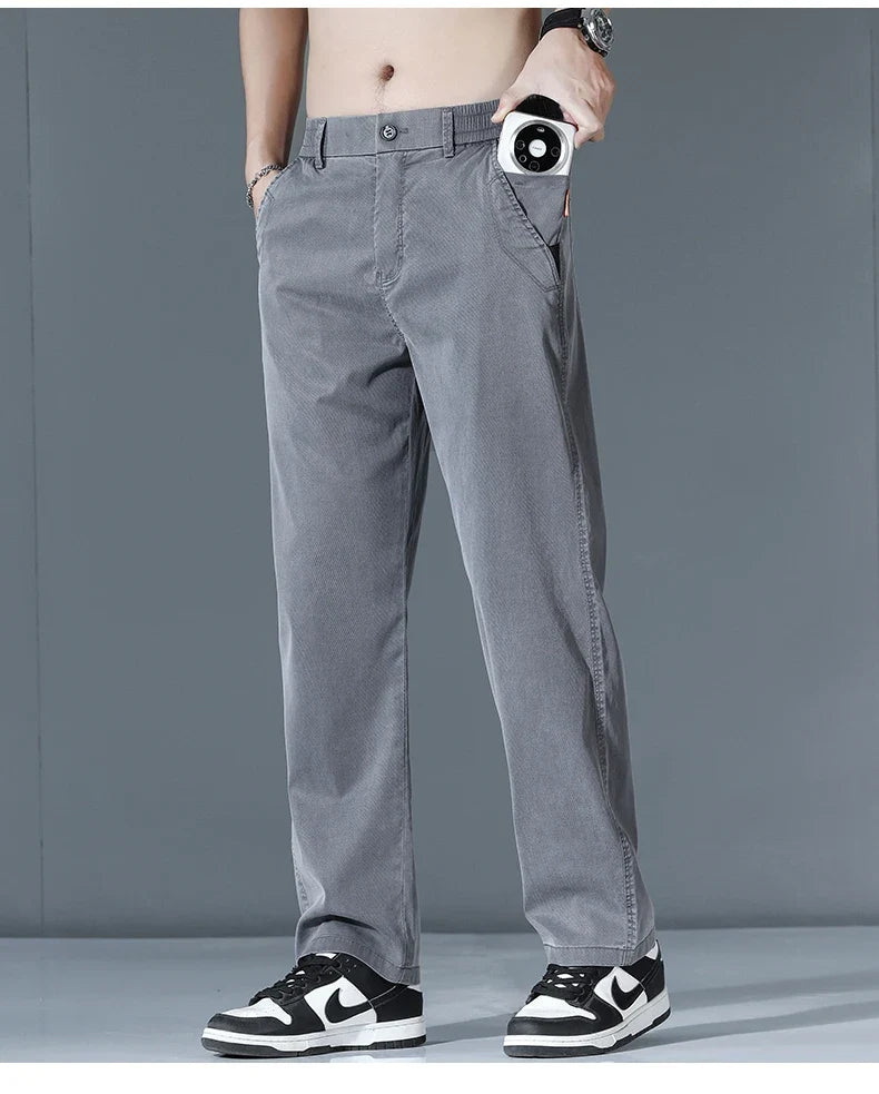 Ultra-thin Lyocell Fashion Loose Casual Pants Men Spring Summer Korean Straight Stretch Brand Trousers Male Clothing Wide Pants