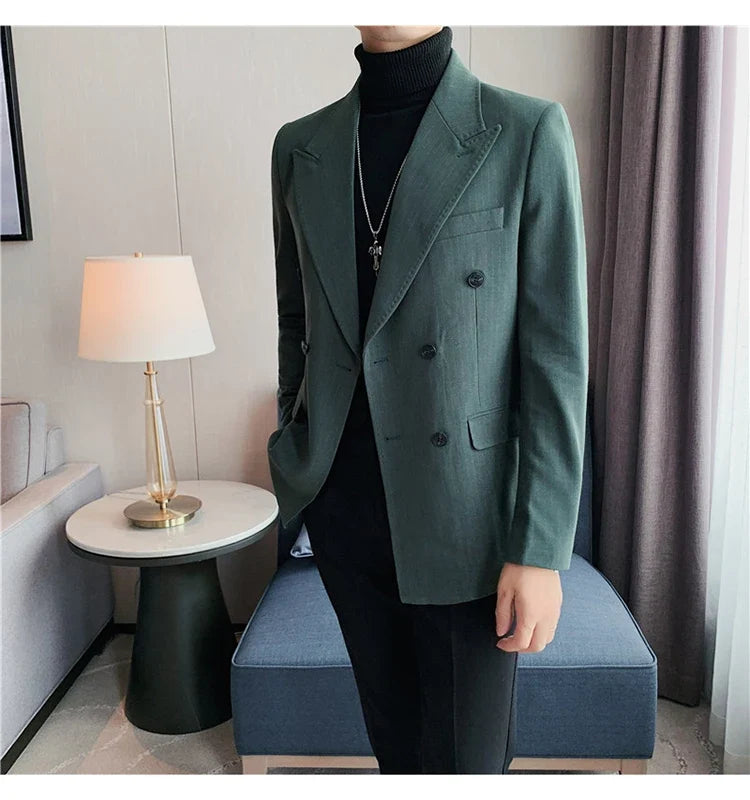 Classic Luxury Striped Men Suit Jacket Fashion Double Breasted Business Office Wedding Tuxedos Male High Quality Slim Fit Blazer