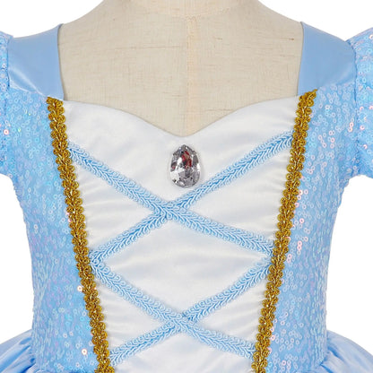 2026 Girl's Princess Cinderella Costume Classic Style Blue Ball Gown Dress Up with White Led Lights Outfit Dresses for Girls