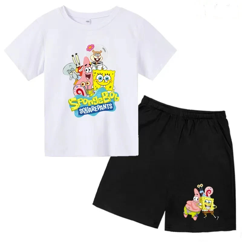 Kids Summer Anime SpongeBob SquarePants Fashion T-shirt 3-12 Years Boys Girls Toddler Short-sleeved+Shorts Casual Sportswear Set