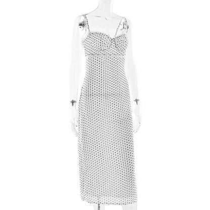 Polka Dot Spaghetti Strap Sexy Midi Dress Women Elegant Off-shoulder Backless Sleeveless Bodycon Club Party Dress