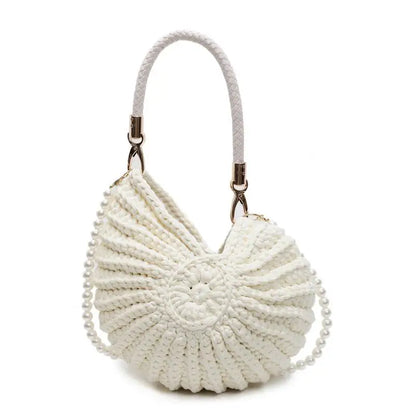 Fashion Conch Shaped Crochet Women Shoulde Bags Funny Cute Pearls Chains Handmade Weave Crossbody Bag Novelty Small Handbags