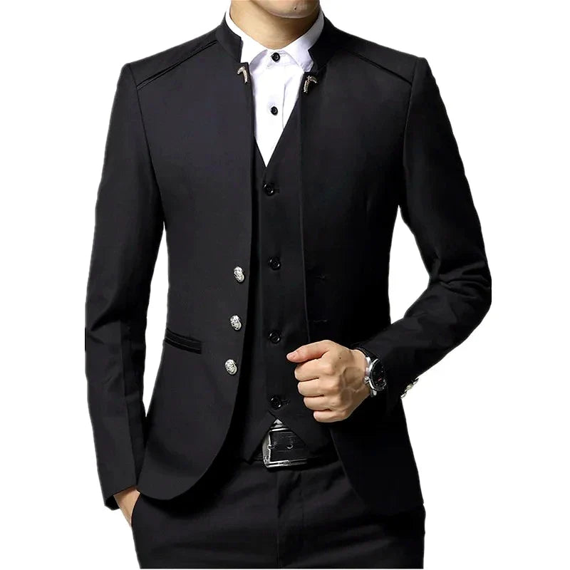 Black Stand Collar Men's 3-Piece, Wedding Party Blazer Jacket and Vest with Pants, Blue Asian Size Slim Fit Sets.