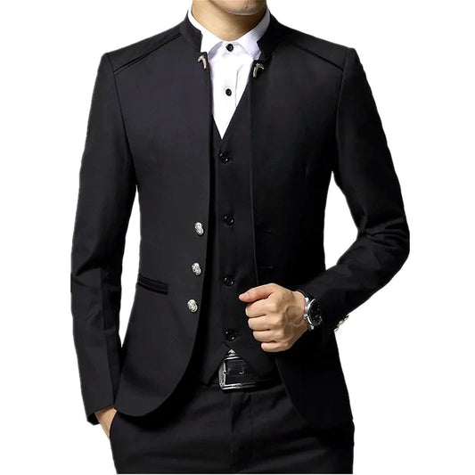 Black Stand Collar Men's 3-Piece, Wedding Party Blazer Jacket and Vest with Pants, Blue Asian Size Slim Fit Sets.