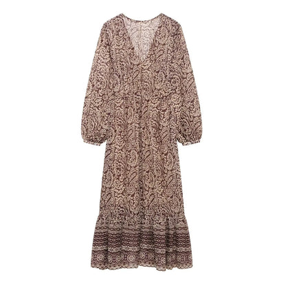 Ele Layered Decorative Print Midi Dr Spring New Arrival Women's Faion JNLEAOG Long Sve V-Ne High Waist Skirt