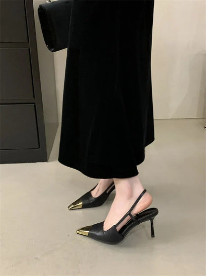Street Style Sexy Pointed Toe Slingbacks Pumps Women Stripper Sandals High Heels Female Banquet Shoes Brown Kitten Heels
