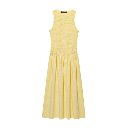 Dress for Women Fashion Summer New Plaid Fold Sleeveless O-neck Midi Vest Dresses French Chic Female Evening Clothing
