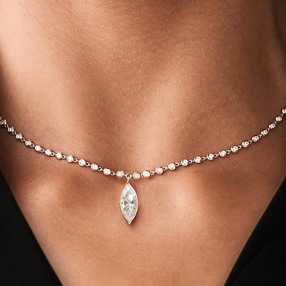 3MM Round Bubble Moissanite Diamond Tennis Neclace With 3carat Marquise Cut Pendant Neck Chain For Women 925 Silver Fine Jewelry