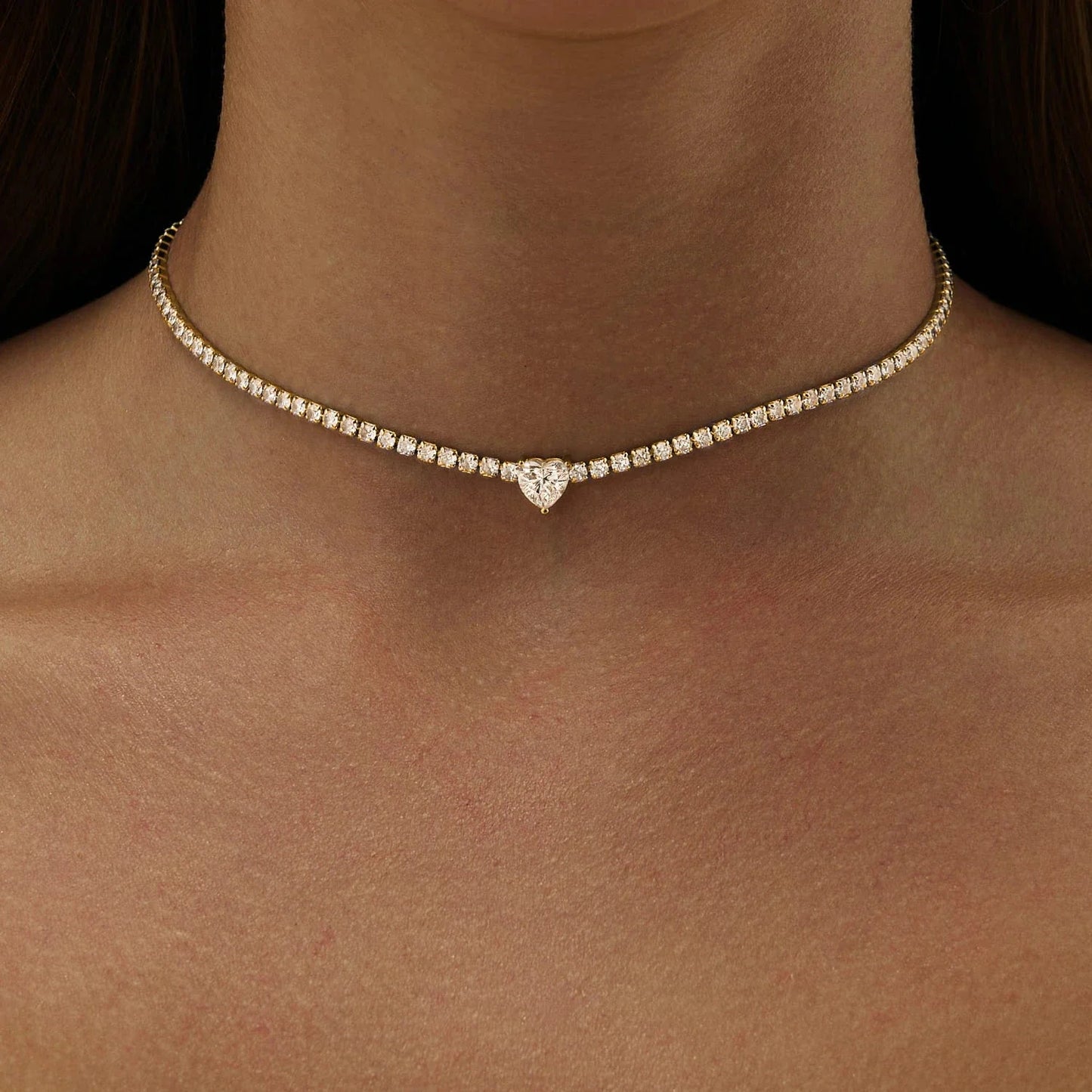 2mm Full Moissanite Diamond Tennis Necklace With Heart Cut Diamond Riviera Necklace S925 Silver Adjustable Choker for Women