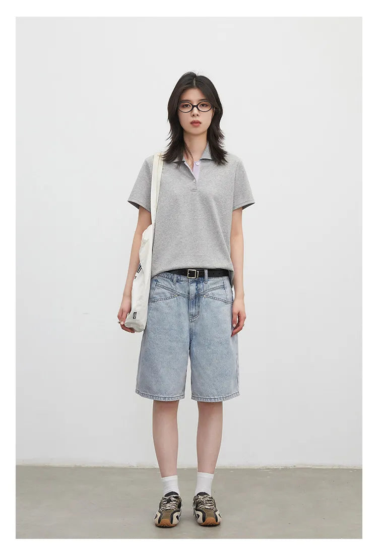 Fashion Women Shorts Mid-length Blue New Dividing Line Design Retro Washed Cotton Straight Leg Short Jeans Summer 2026