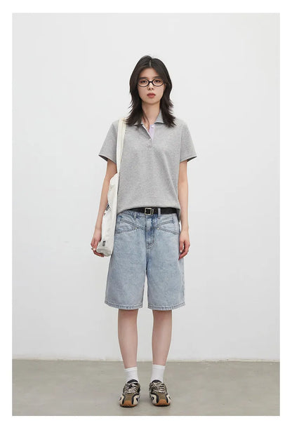 Fashion Women Shorts Mid-length Blue New Dividing Line Design Retro Washed Cotton Straight Leg Short Jeans Summer 2026
