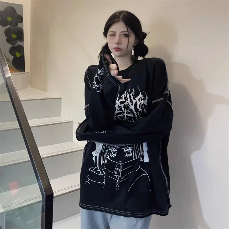 Harajuku Kawaii T-Shirt Women Sweet Japanese Gothic Subculture Loose Letter School Student Tees Long Sleeve Top Spring Outwear