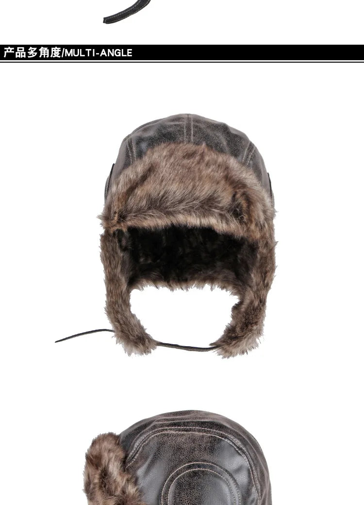 Russian Trapper Soviet Ushanka Bomber Hat Knitted Leather Earflap Fur Lined Winter Cap for Men Women