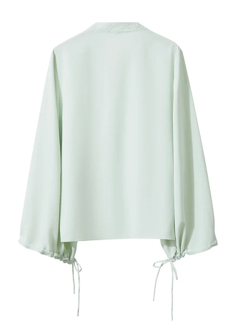 Chiffon Women's Blouse 2025 Autumn New V-neck Letter Embroidered Top Elegant Lantern Sleeve Loose Women's Shirt 12421028