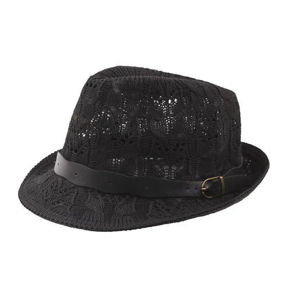 Summer Women's Knitted Mesh Breathable Curled Jazz Hat Leather Belt Panama Hat