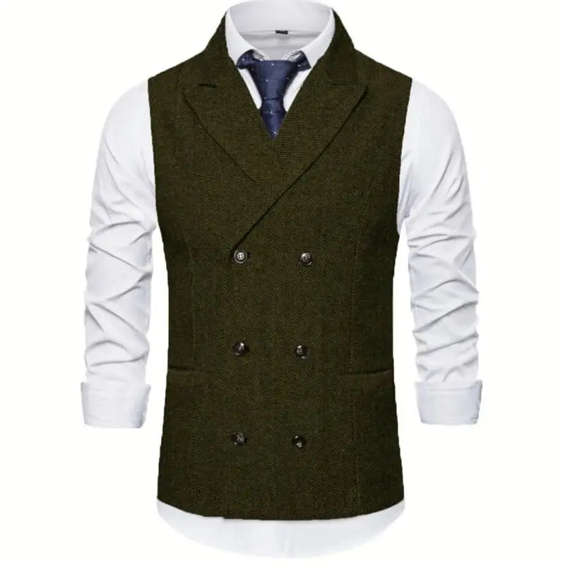 Men Vest Brown Herringbone Double Breasted Buckle Solid Business Casual Waistcoat Regular Slim Banquet Men Suit Vest