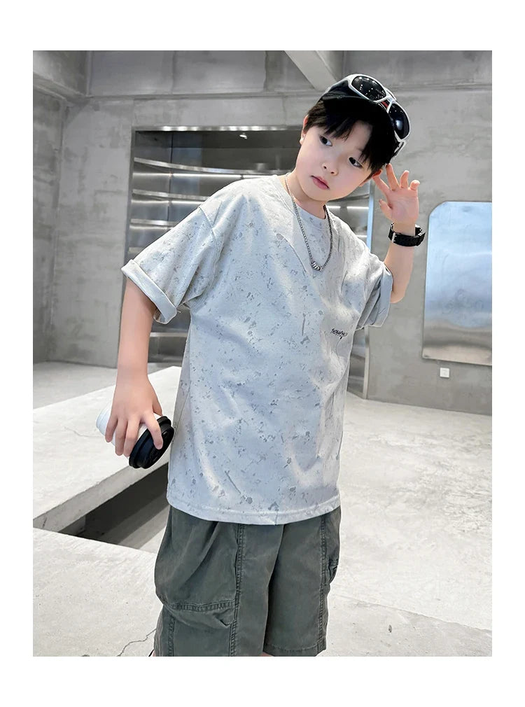 Summer Suit for Boy with Shorts Two Piece Clothing Set Kids Child Cotton Top and Bottom Clothes Set Casual Outfit Tracksuit 5-14