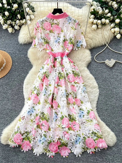 Embroidery Flower Vacation Dress French Style Blet Lapel Slim High Quality Hollow Out Ladies Elegant A-line Long Dress