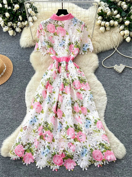 Embroidery Flower Vacation Dress French Style Blet Lapel Slim High Quality Hollow Out Ladies Elegant A-line Long Dress