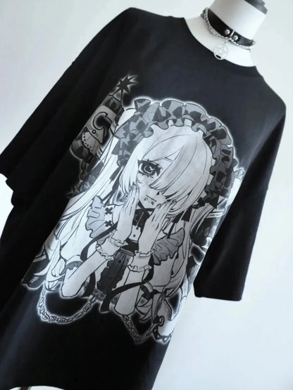 Harajuku Kawaii T-Shirt Women Sweet Japanese Gothic Subculture Loose Letter School Student Tees Long Sleeve Top Spring Outwear