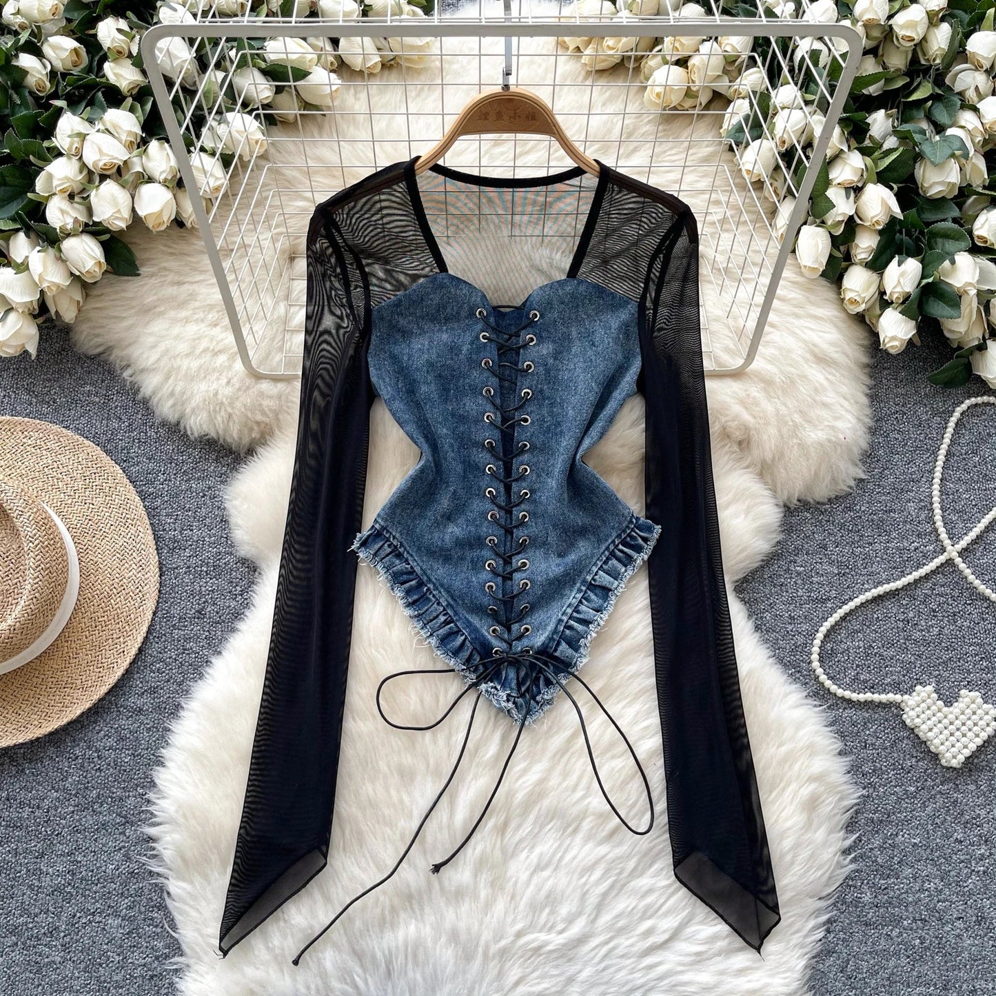 American Retro Patchwork Sexy Blouse 2024 Women Squre Neck Long Sleeves Sheer Top Streetwear Ins Lace Up Denim Shirt