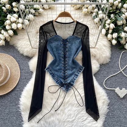 American Retro Patchwork Sexy Blouse 2024 Women Squre Neck Long Sleeves Sheer Top Streetwear Ins Lace Up Denim Shirt