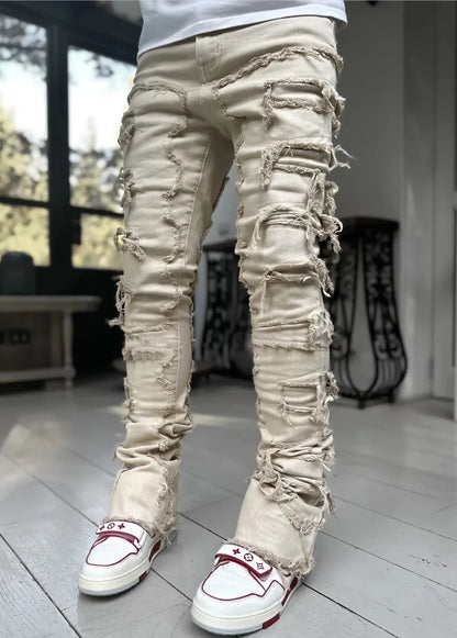 New European and American Heavyweight Streetwise Stretch Patch Jeans for Men, High Street Straight Fit Long Jeans16-3001